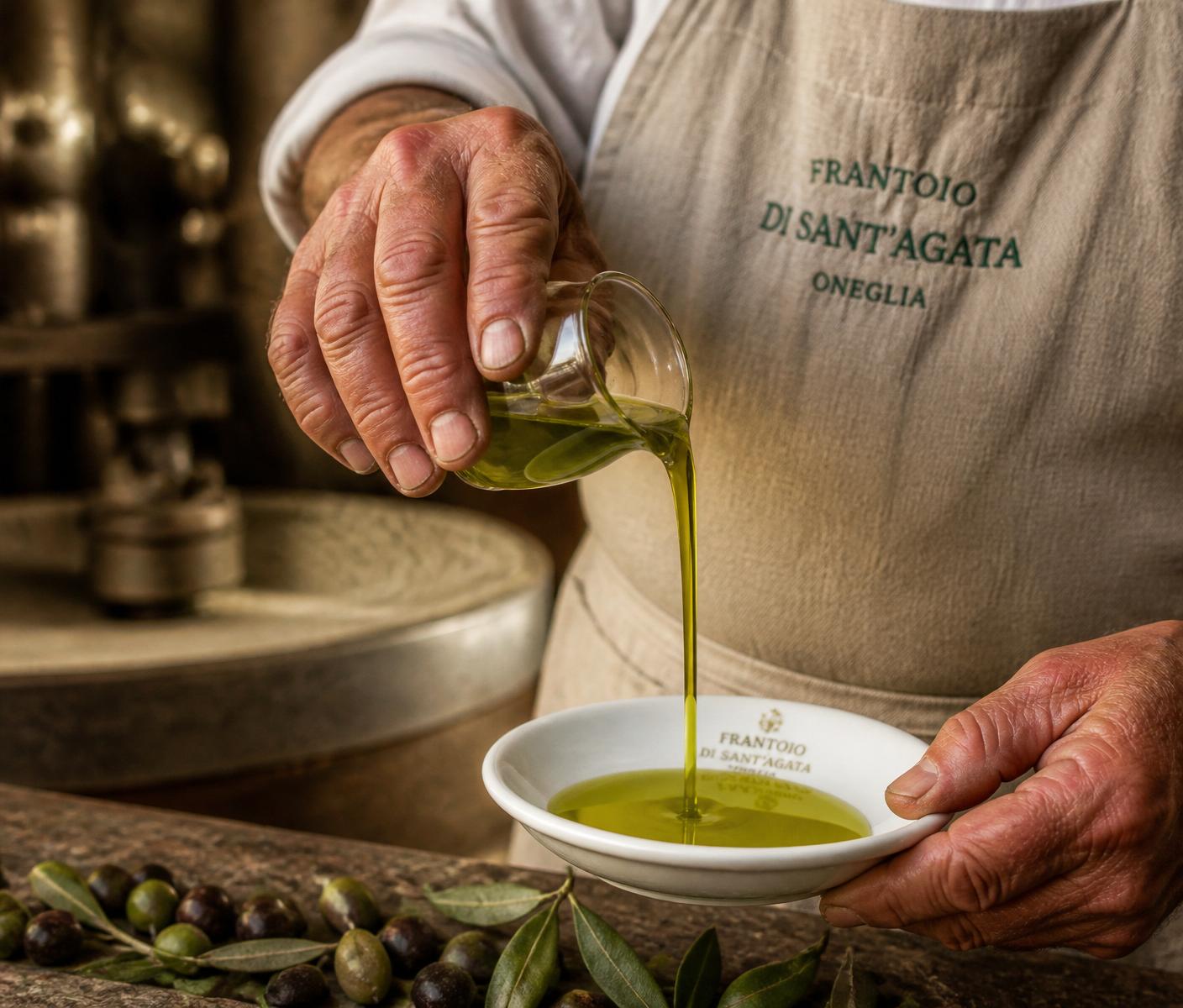 Master producer pouring extra virgin olive oil